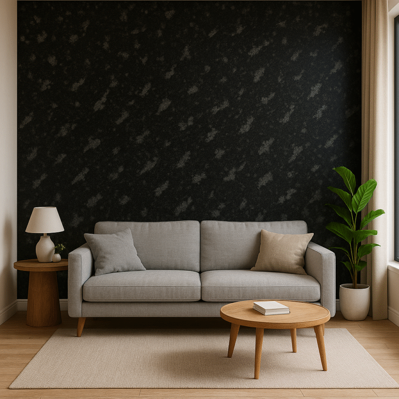 Fish Black granite slab with natural wave pattern used for modern kitchen countertops and luxury interiors