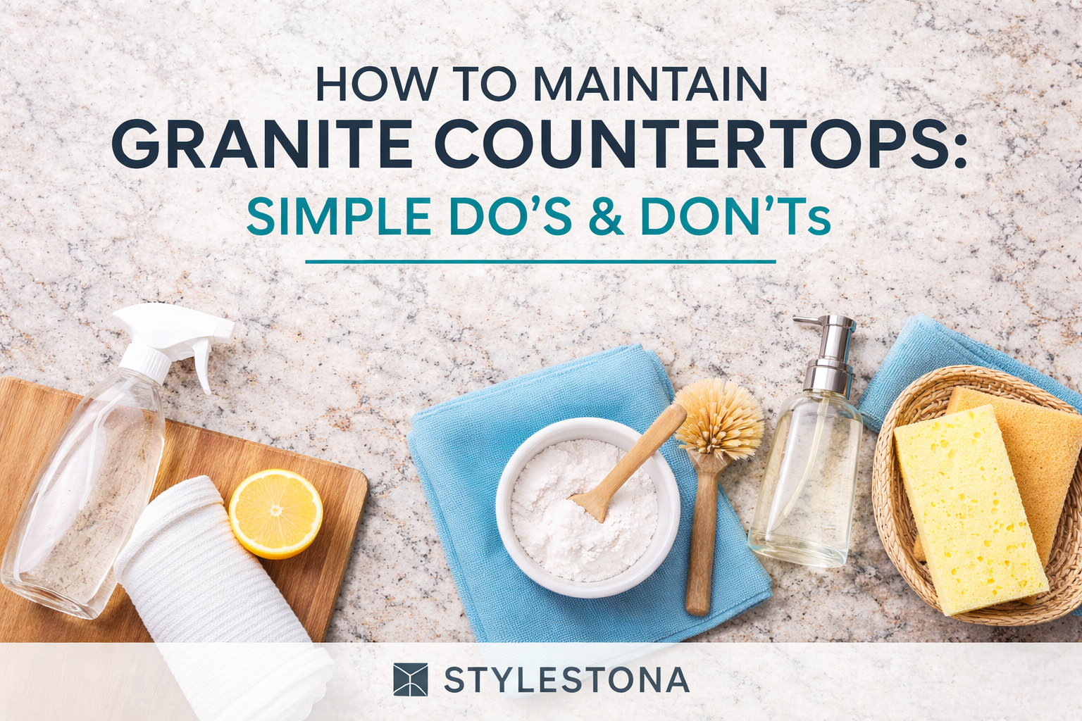 Granite countertop maintenance guide showing safe cleaning methods and care tips for long-lasting granite surfaces