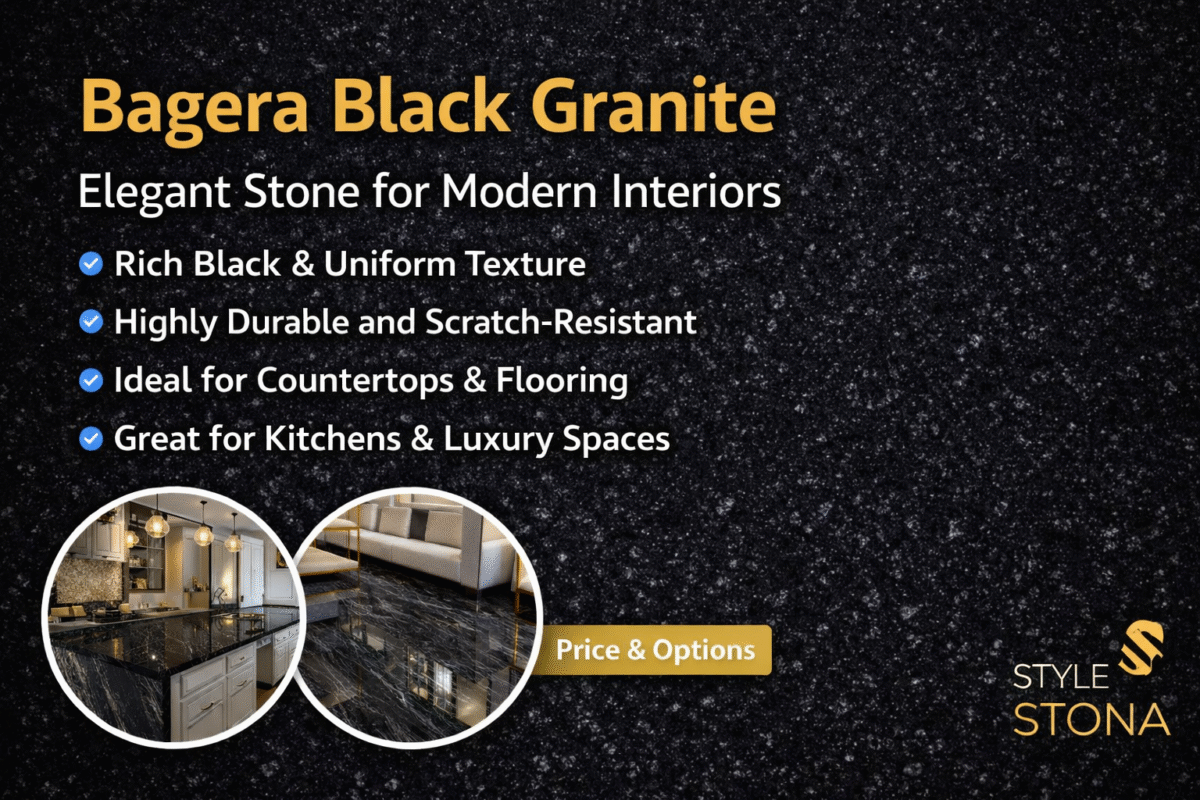 Bagera Black Granite slab with rich black texture used for luxury kitchen countertops and modern interior flooring applications