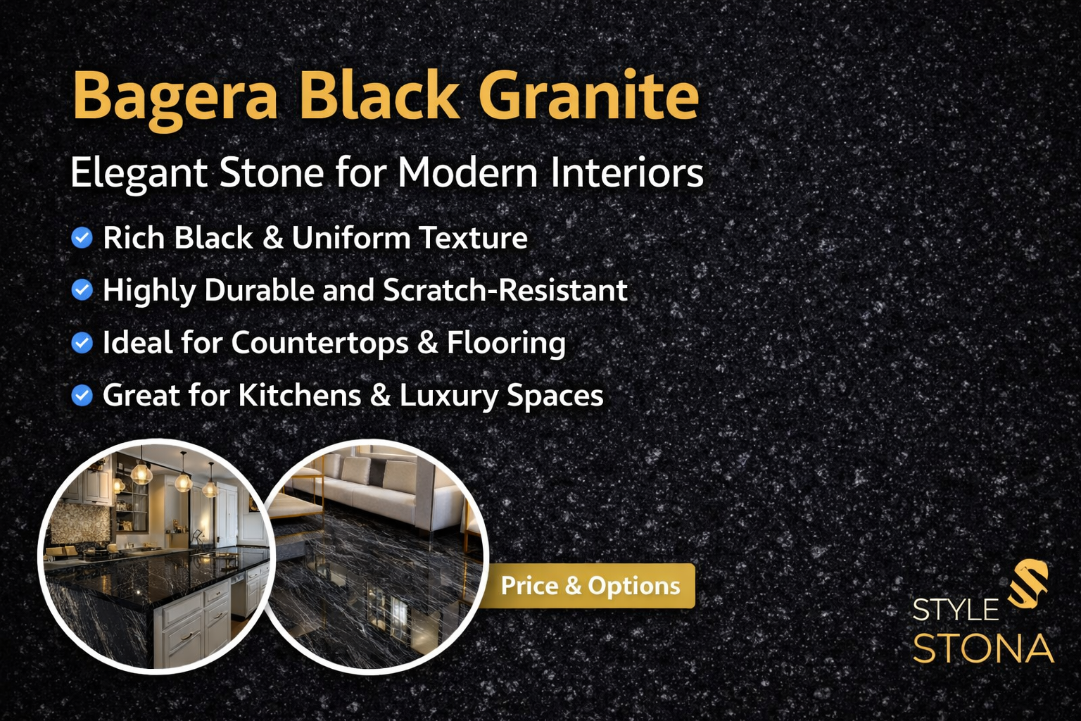 Bagera Black Granite slab with rich black texture used for luxury kitchen countertops and modern interior flooring applications