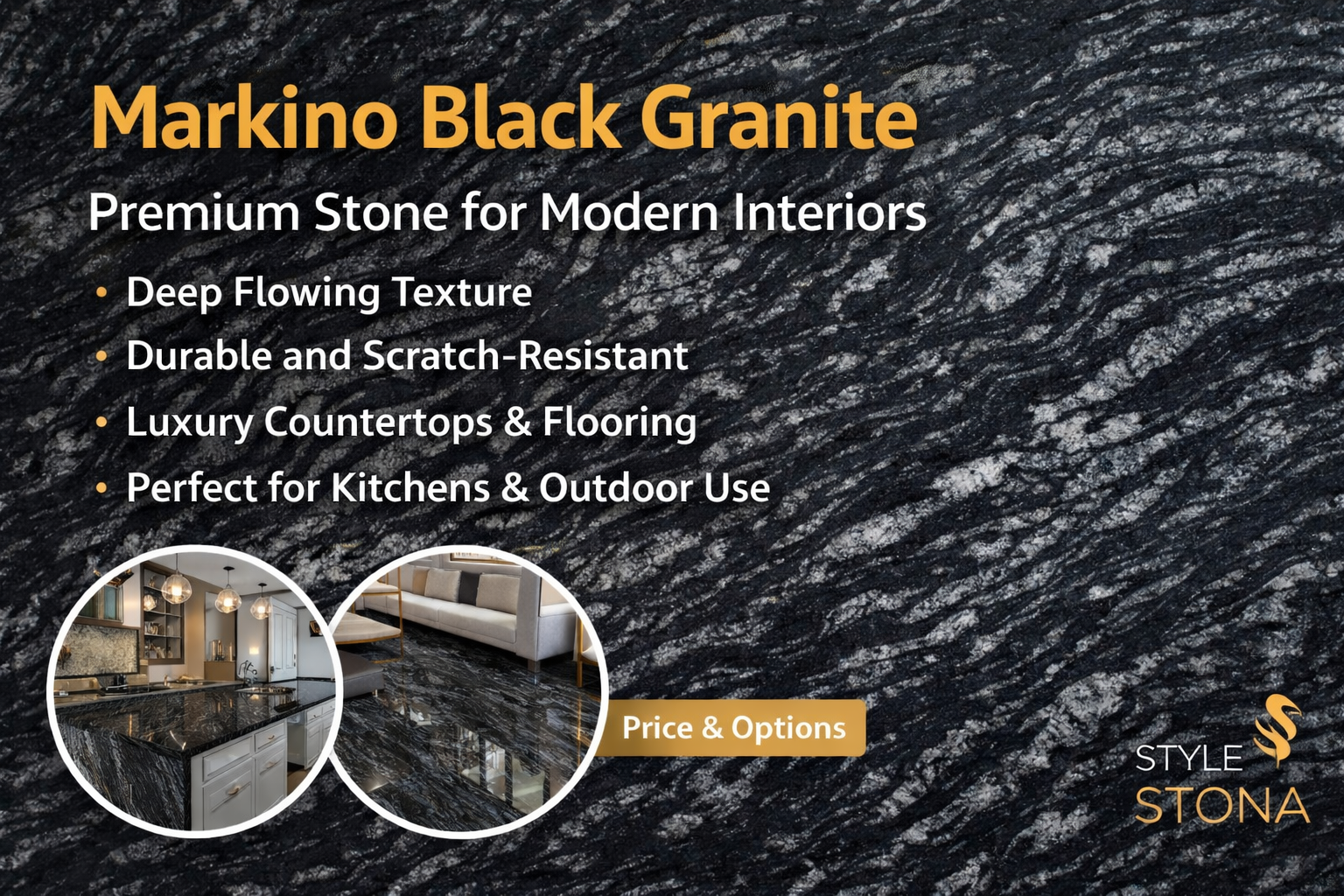 Markino Black Granite with deep flowing texture used for luxury kitchen countertops, flooring and modern interior designs