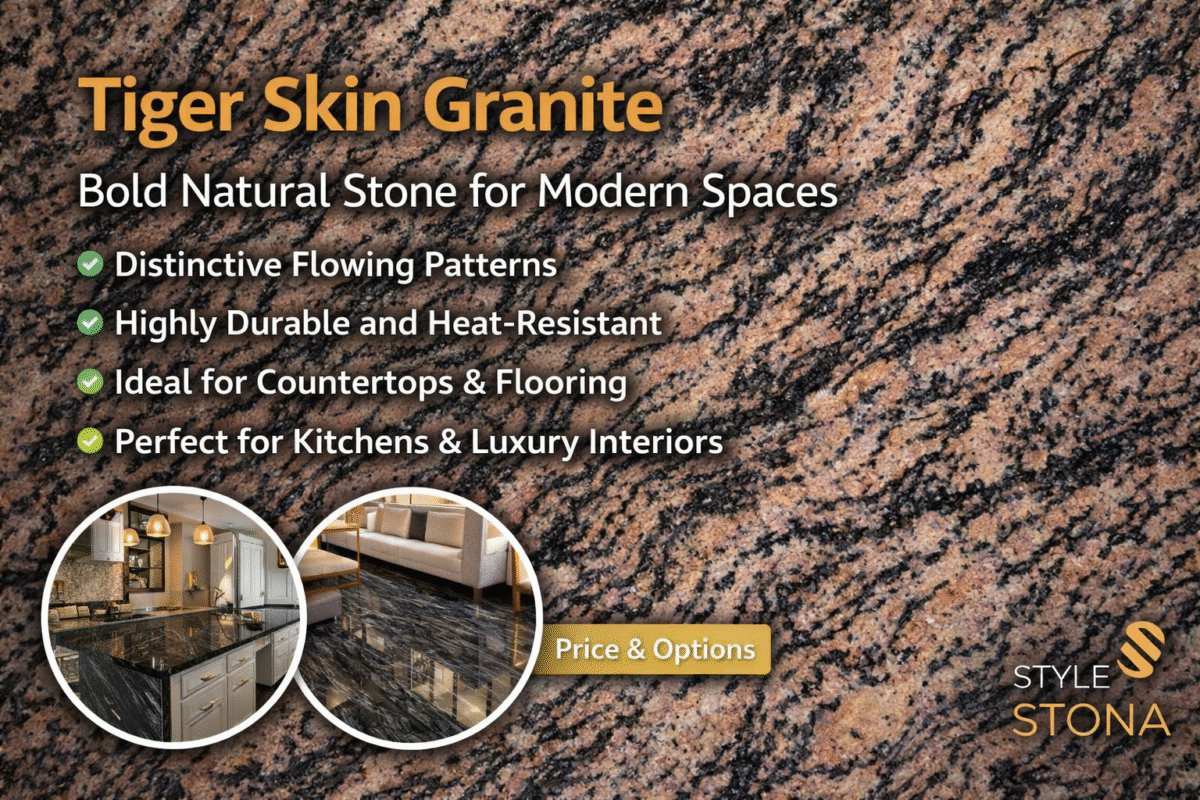 Tiger Skin Granite natural stone with flowing brown and black patterns ideal for countertops, flooring, and luxury interior applications