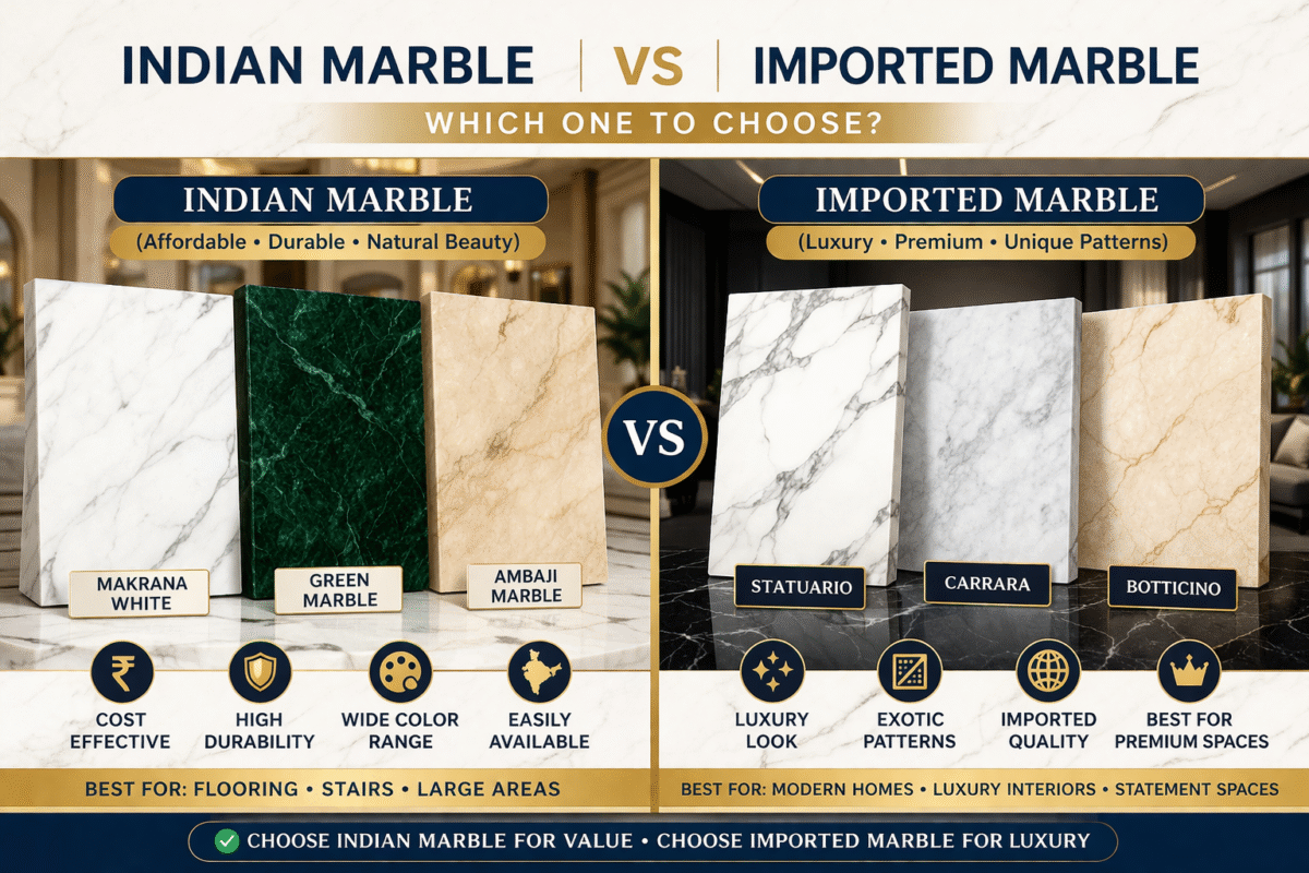 indian marble vs imported marble comparison showing texture, durability and luxury interior applications