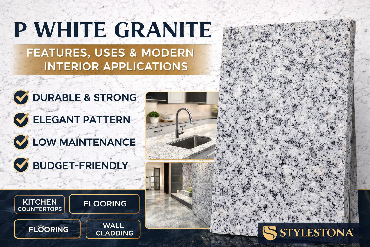 p white granite slab with white base and black speckles used in kitchen countertops flooring and wall cladding