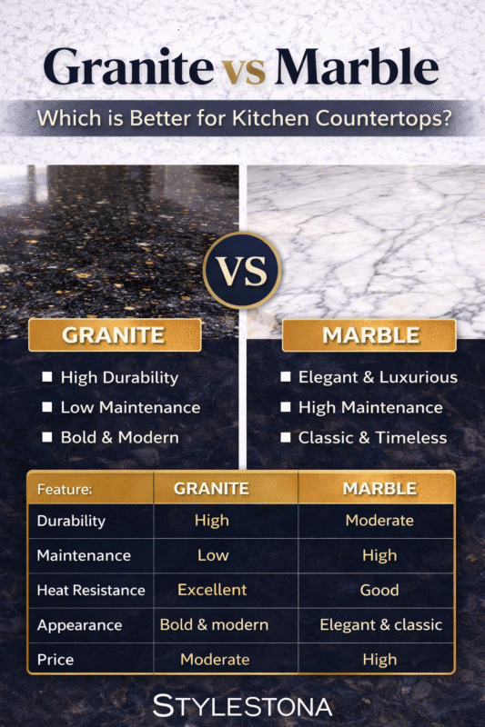 granite vs marble for kitchen countertops comparison showing durability maintenance and design differences