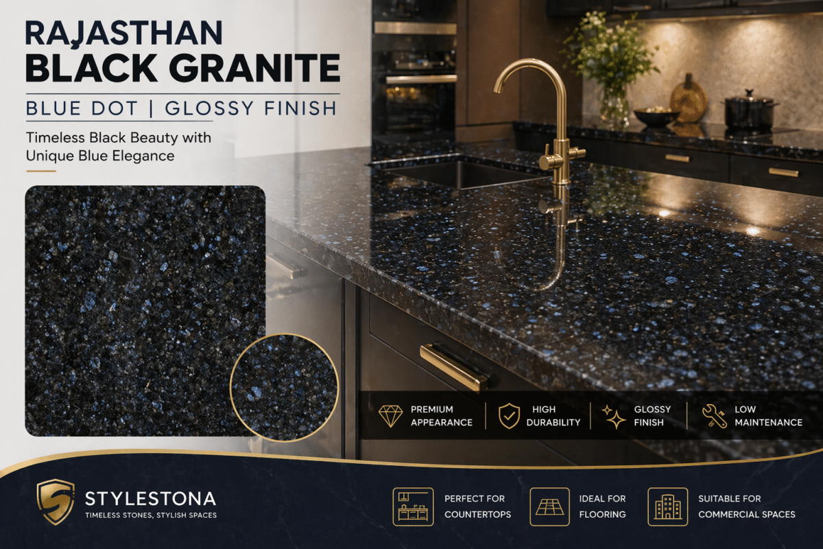 rajasthan black granite blue dot glossy finish kitchen countertop slab with premium black stone texture
