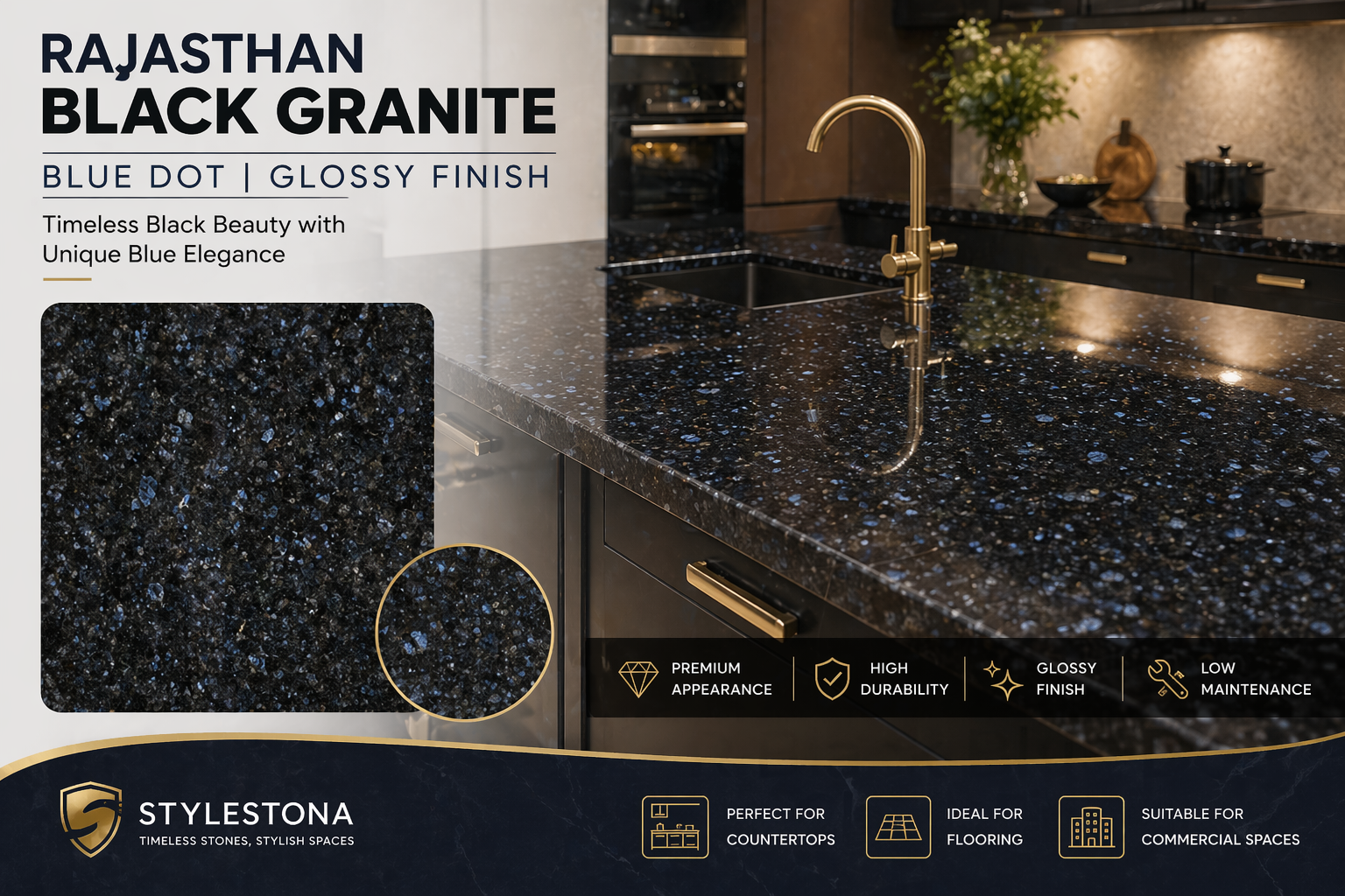 rajasthan black granite blue dot glossy finish kitchen countertop slab with premium black stone texture