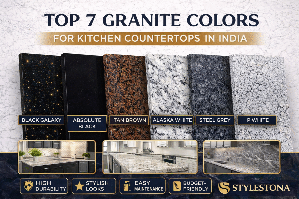 granite colors for kitchen countertops showing black galaxy absolute black tan brown alaska white steel grey and p white granite